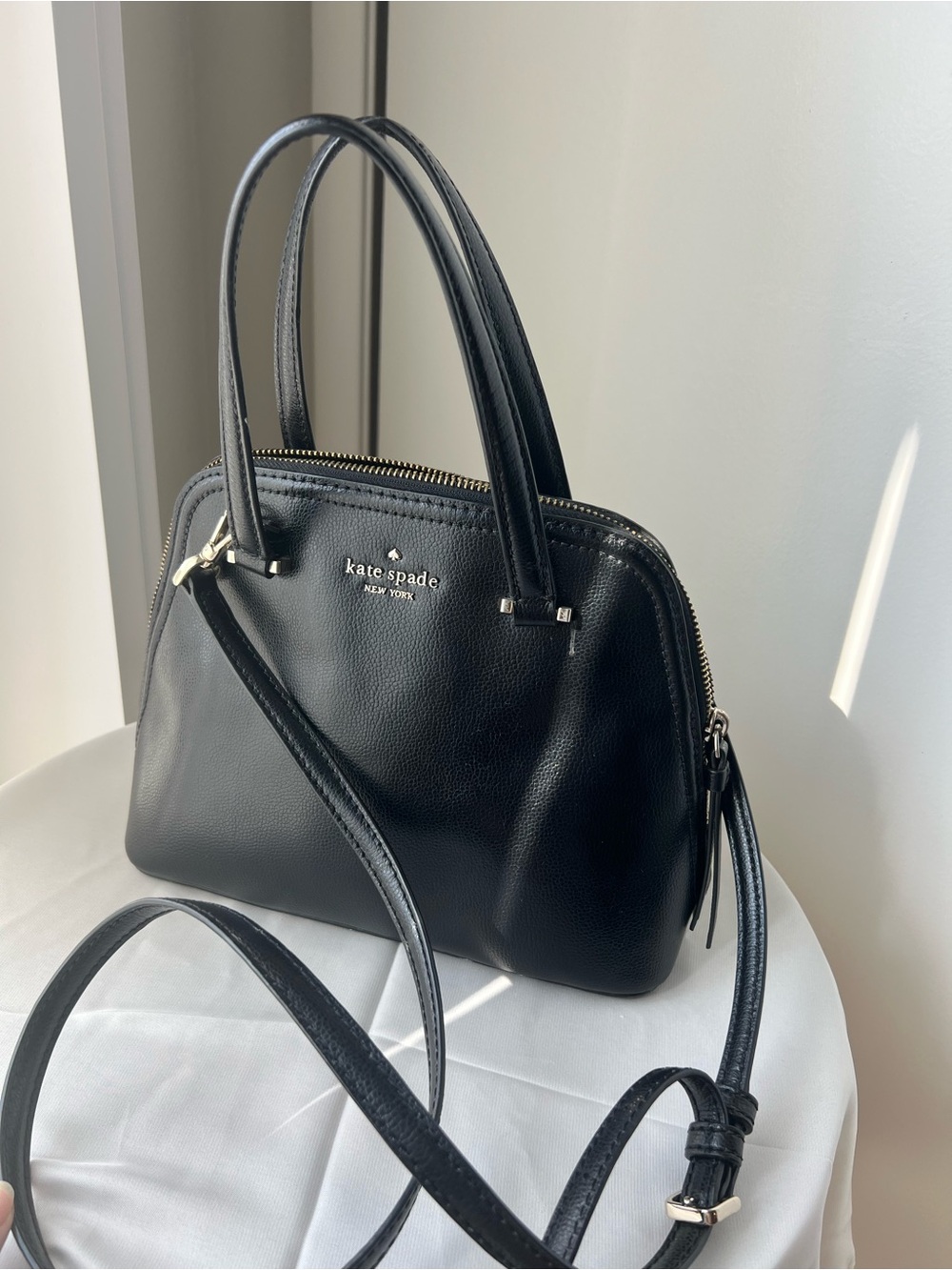 kate spade Black Leather Dome Satchel with Crossbody Strap